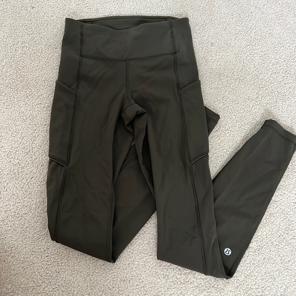 ‘Dark Olive’ Lululemon leggings with pockets